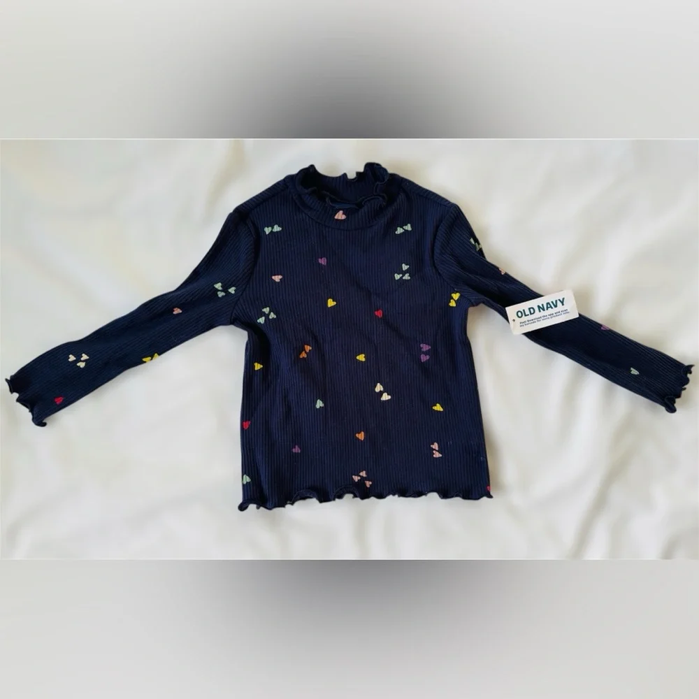 Old Navy NWT Rib Knit Heart Print Navy Long Sleeve Mock Neck Top Size 18-24M